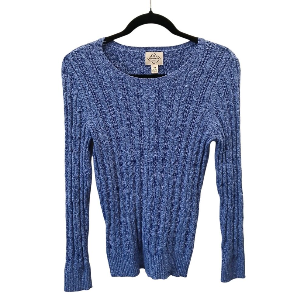 St. John's Bay Women's Blue  Cable-Knit Crew Neck Pullover Sweater Petite Medium